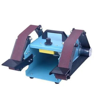 Blue desktop dual-axis belt sander with 40x680mm abrasive belt and knife sharpening tool