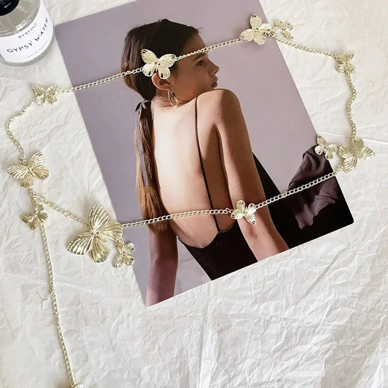 Gold or silver butterfly waist chain belt with 104cm length and single circle design