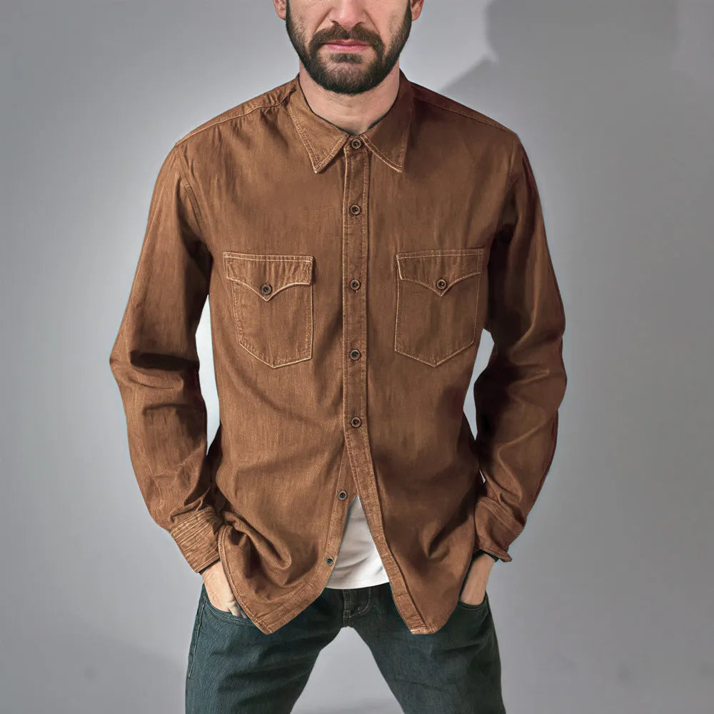 Man wearing a regular fit denim cardigan coat in khaki, showing the open front and cardigan style.