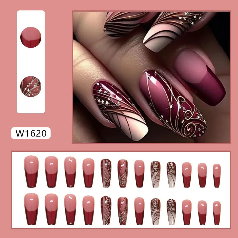 French line pattern false nails with adhesive glue in packaging