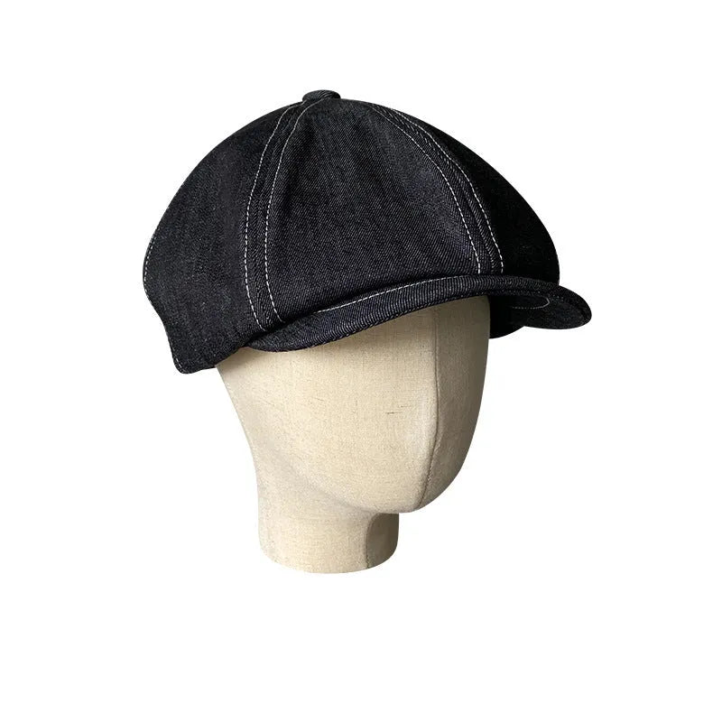 Black octagonal beret hat made from Japanese Denim cotton fabric, shown on a head model.