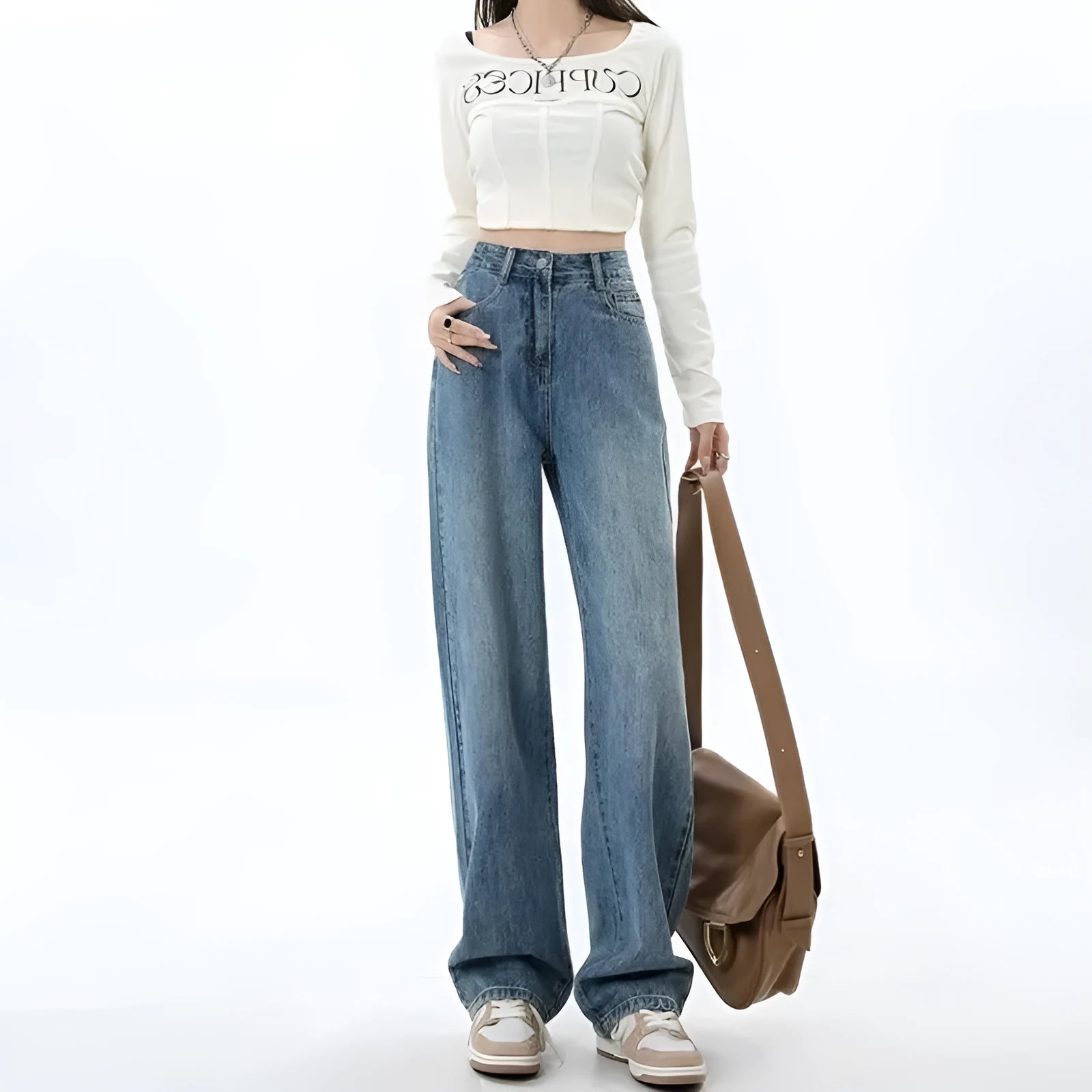 Women's retro blue high waist wide leg jeans with straight cut and spandex denim fabric