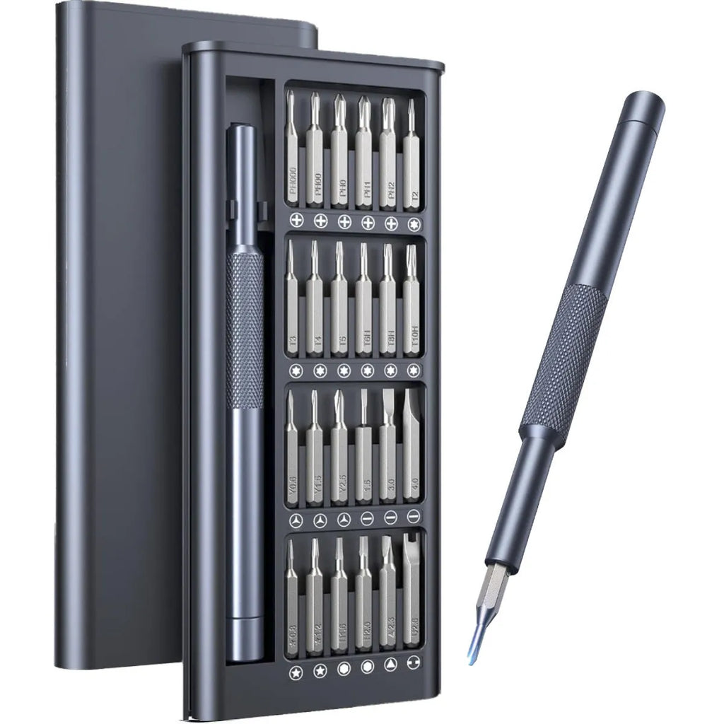 25-in-one magnetic precision screwdriver set with chrome vanadium steel bits and knurled ABS handle.
