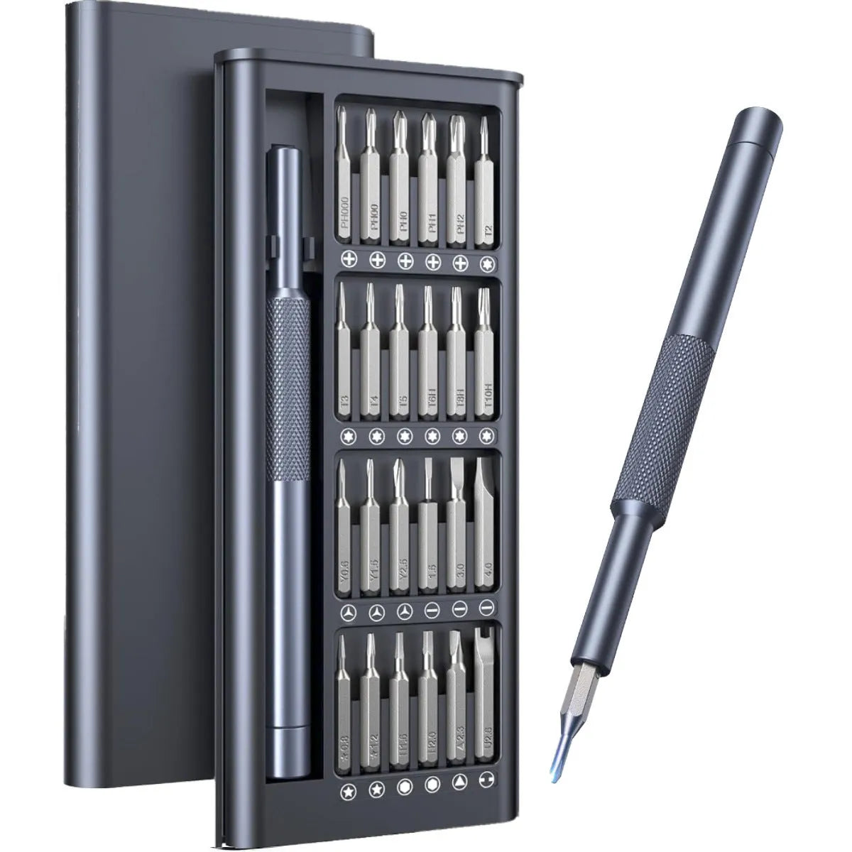 25-in-one magnetic precision screwdriver set with chrome vanadium steel bits and knurled ABS handle.