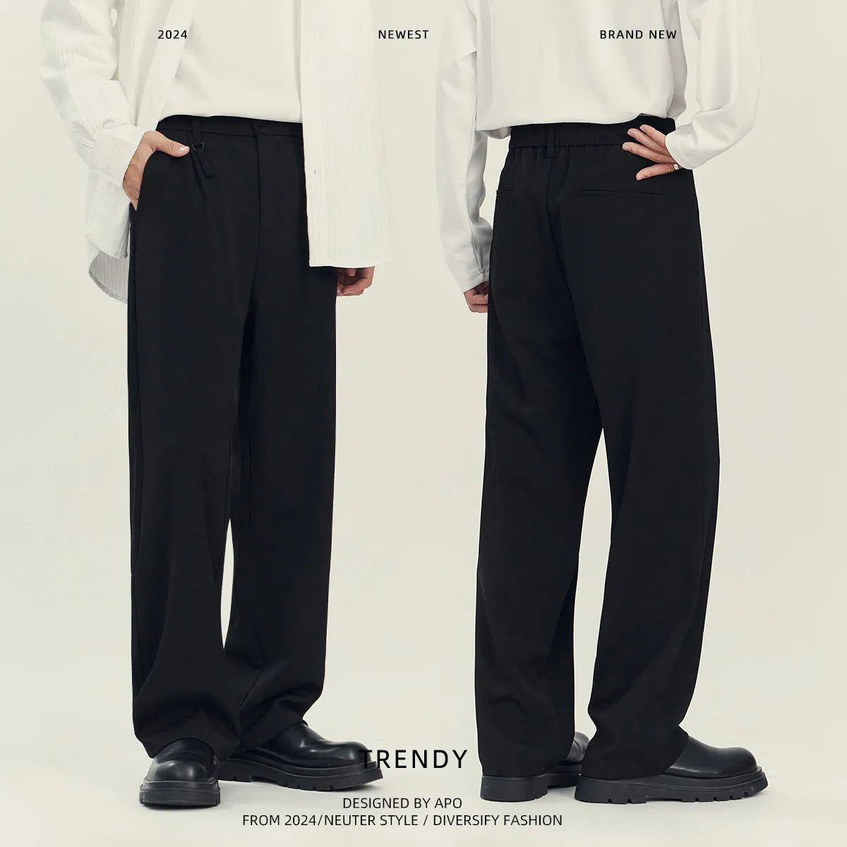 Business casual draping suit pants in black with loose straight leg and solid colour design