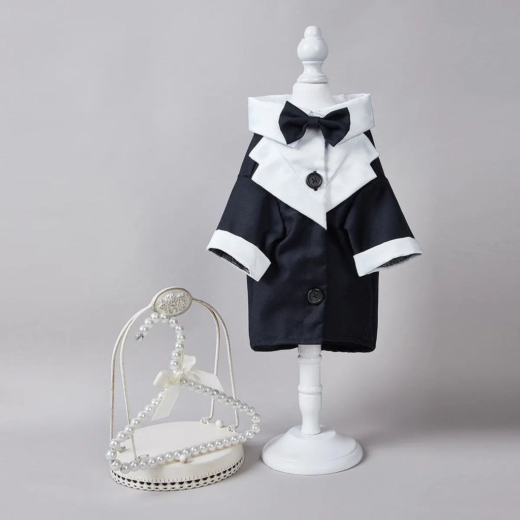 Pet gentleman four-legged wedding dress suit in dark blue polyester, Chinese style, for dogs size XS to XL