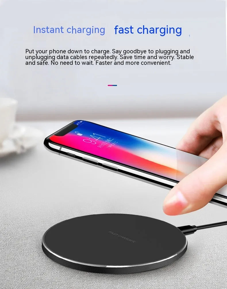 Aluminium alloy Qi wireless phone charger disc, 100mm diameter, 6mm thick, in black with rubber oil surface