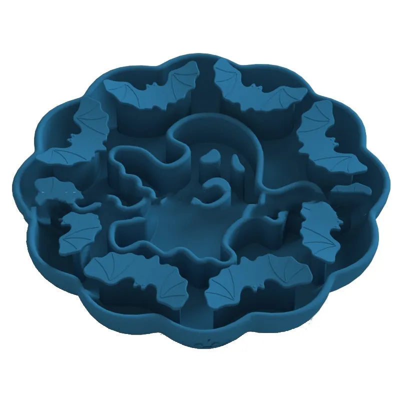 Anti-choke slow feeding dog bowl in edible silicone, Halloween green colour, square shape with raised internal patterns