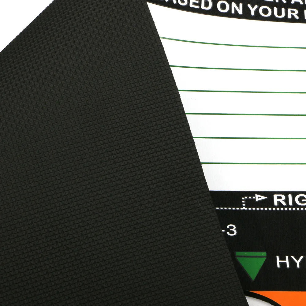 Black neoprene golf swing positioning pad for stance and alignment training.