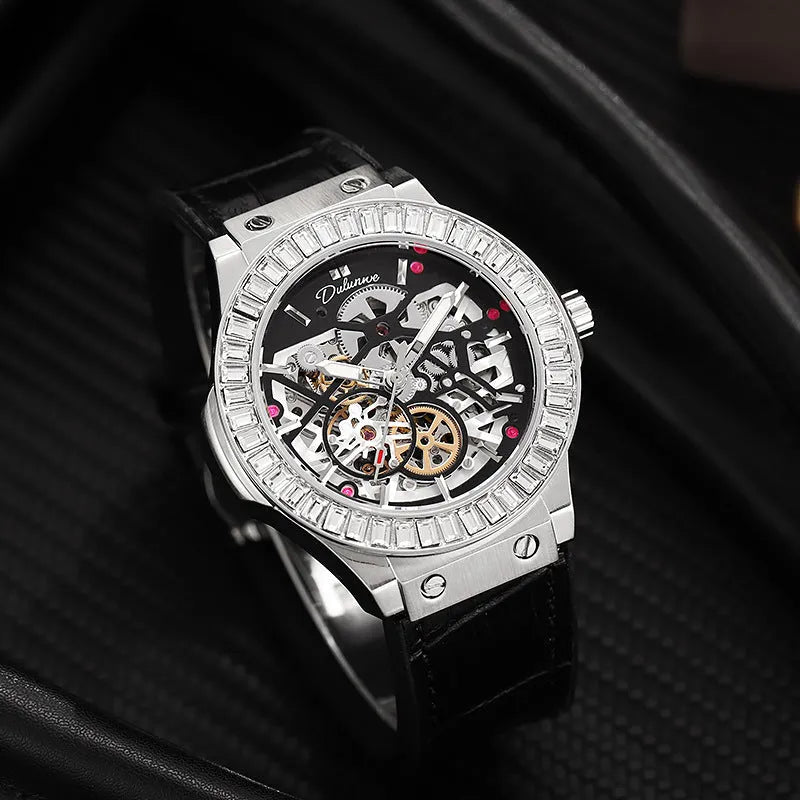 Men's automatic mechanical watch with hollow design and diamond studs, white shell case