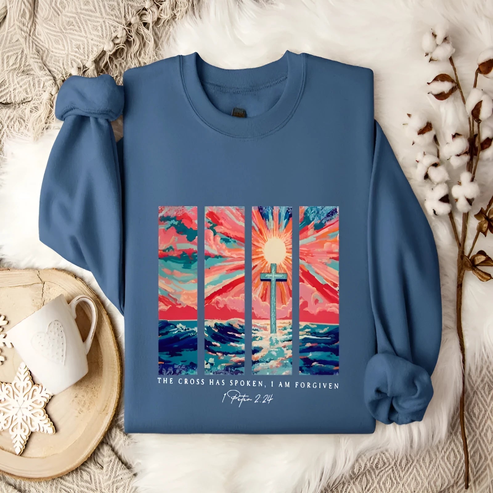 Plus size women's blue drop-shoulder sleeve printed sweater, loose polyester knit pullover, long sleeves