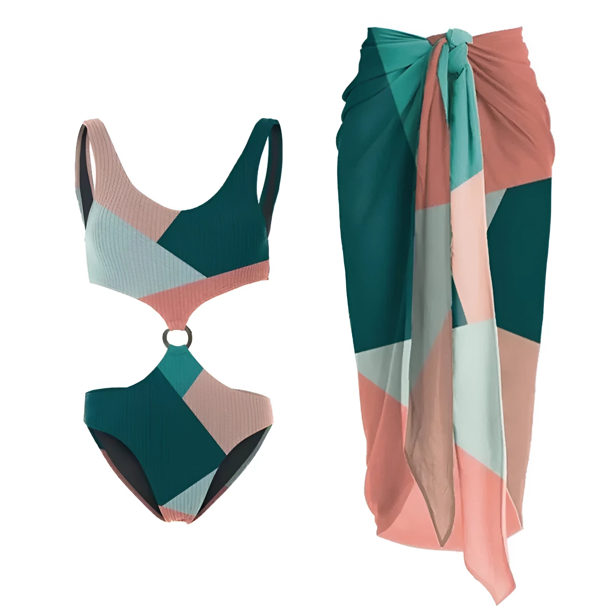 Contrast colour bikini two-piece set with mesh gauze skirt in suit colour for women