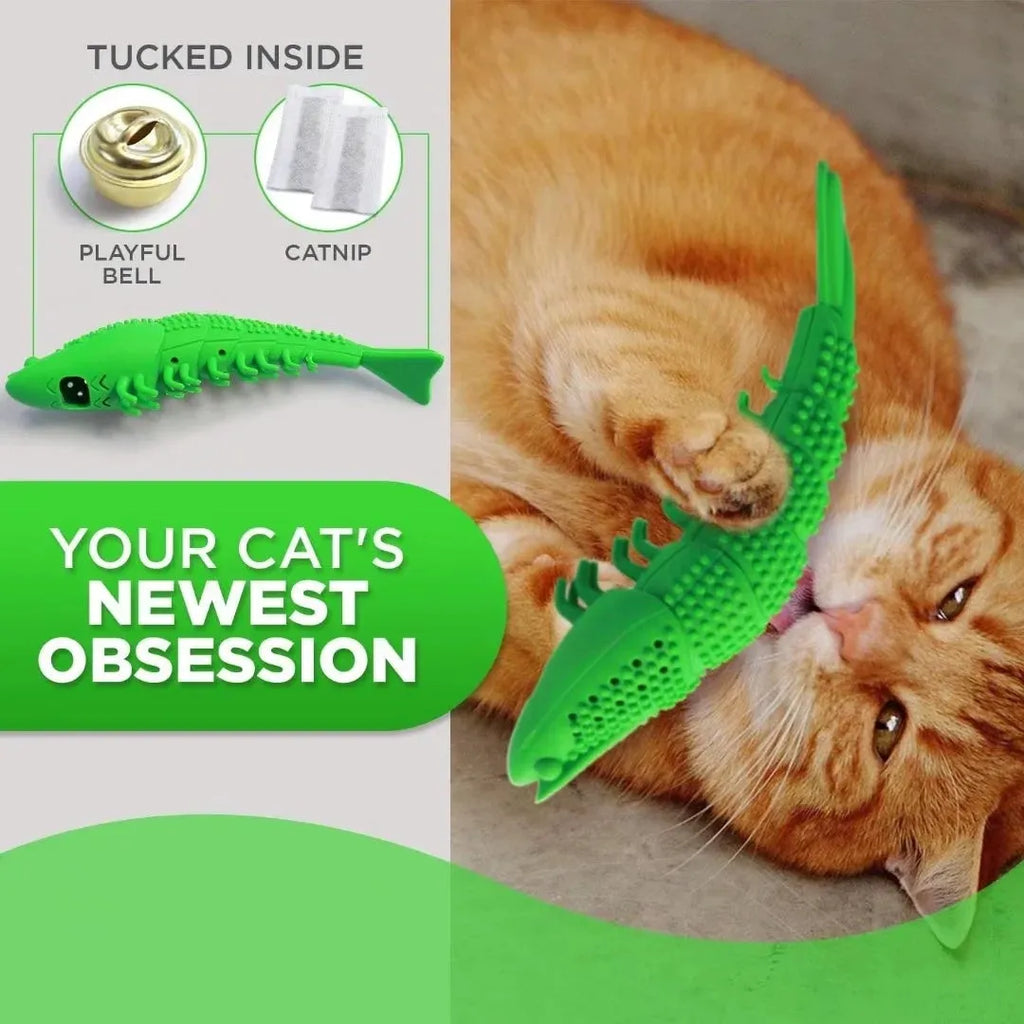 Blue hard rubber cat chew toy with a textured surface for teeth cleaning and interactive play.