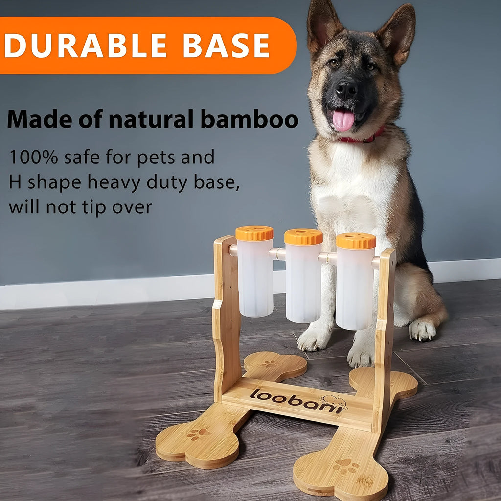 Wooden dog puzzle toy measuring 31x30x20cm with interactive snack dispenser design