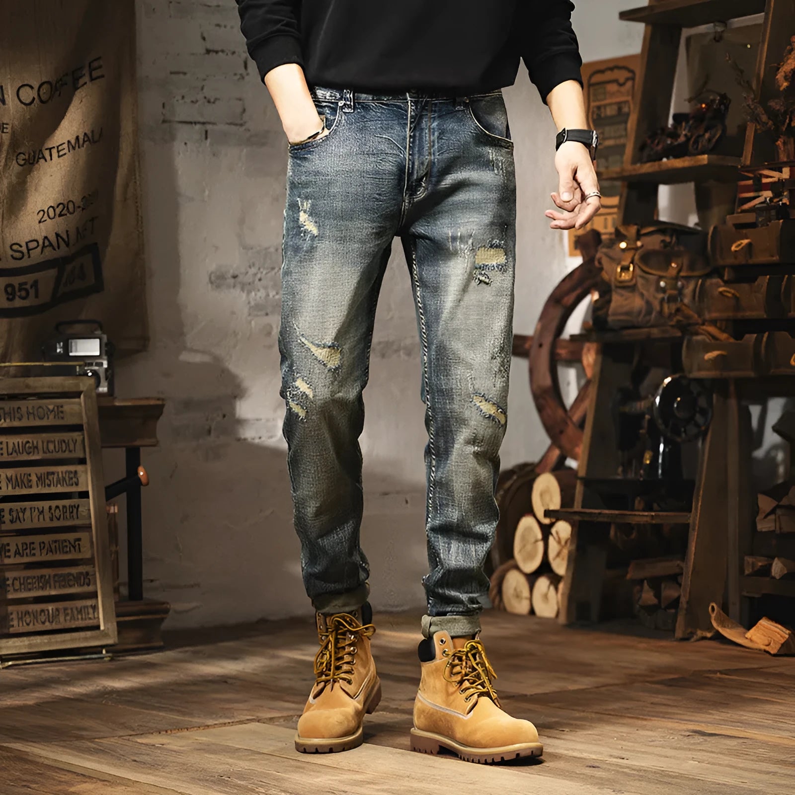 Men's retro heavy washed straight leg fleece lined jeans in vintage blue A7707 with drawstring waist