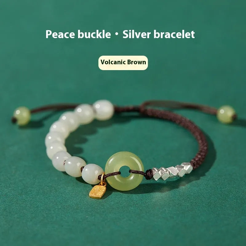 Woven natural Hetian jade safety buckle bracelet for women with chamfered square grain shape in multiple colours