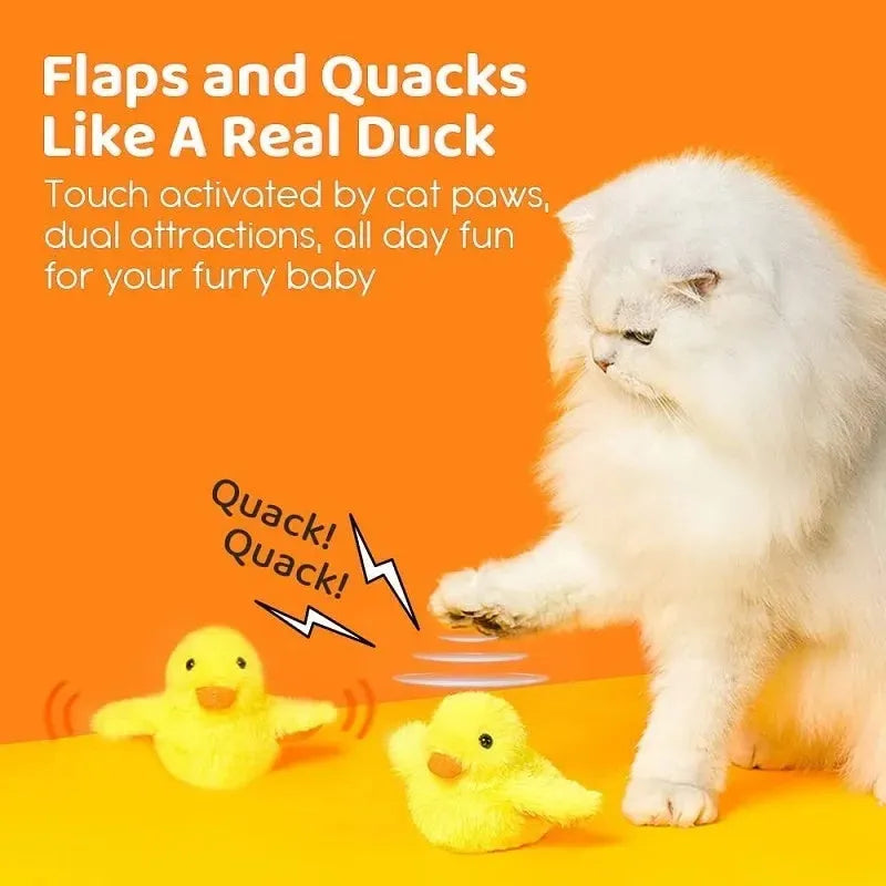 Yellow polyester plush electric duck cat toy with a USB charging cable.