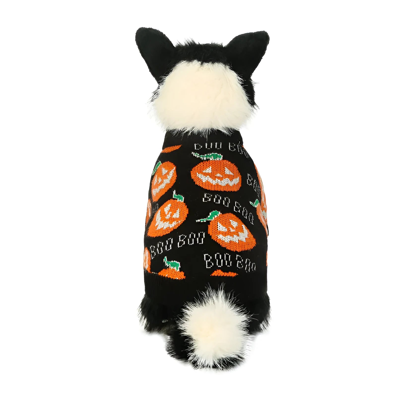 Black polyester dog sweater with orange pumpkin pattern for Halloween, available in multiple sizes