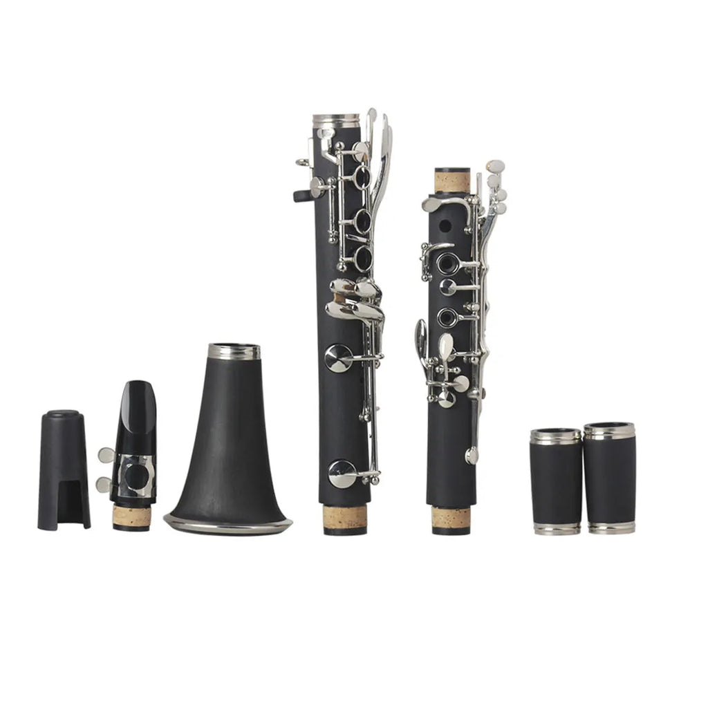 Black Bakelite clarinet with nickel-plated keys and carrying bag for beginner musicians