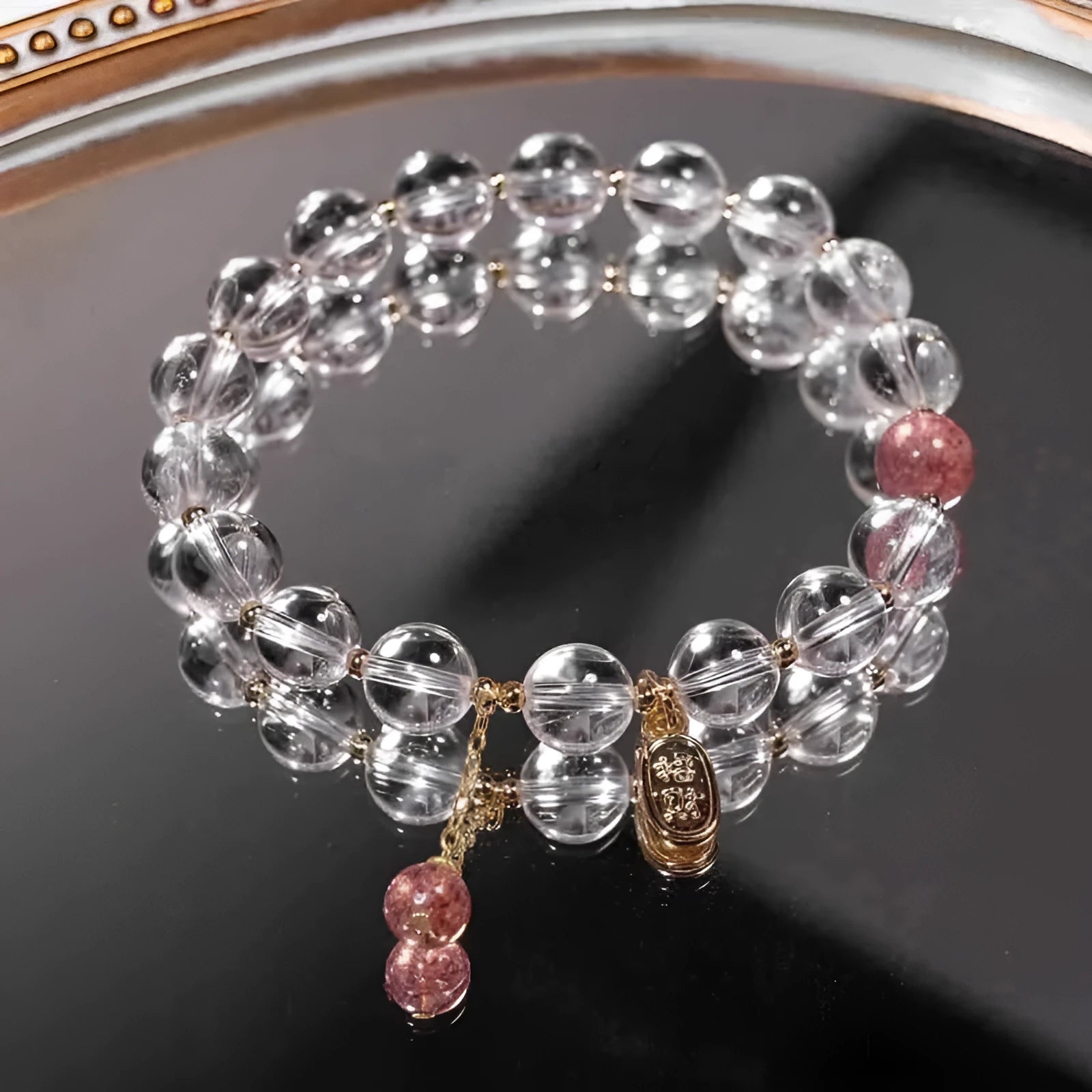 Natural white crystal lucky fortune bracelet with 8mm beads on a white background