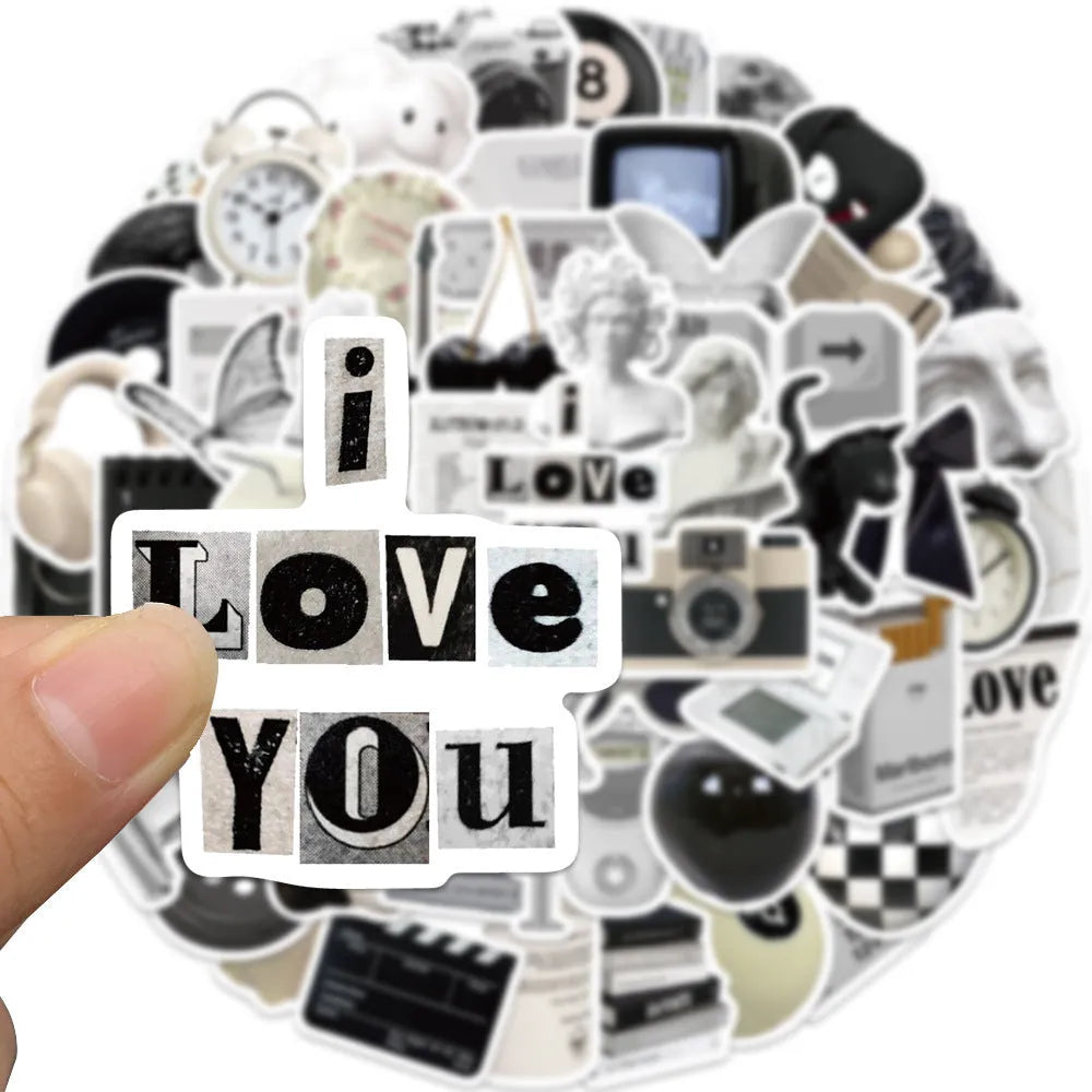 A pack of 61 black and white simple design waterproof PVC stickers for laptops and personal items.