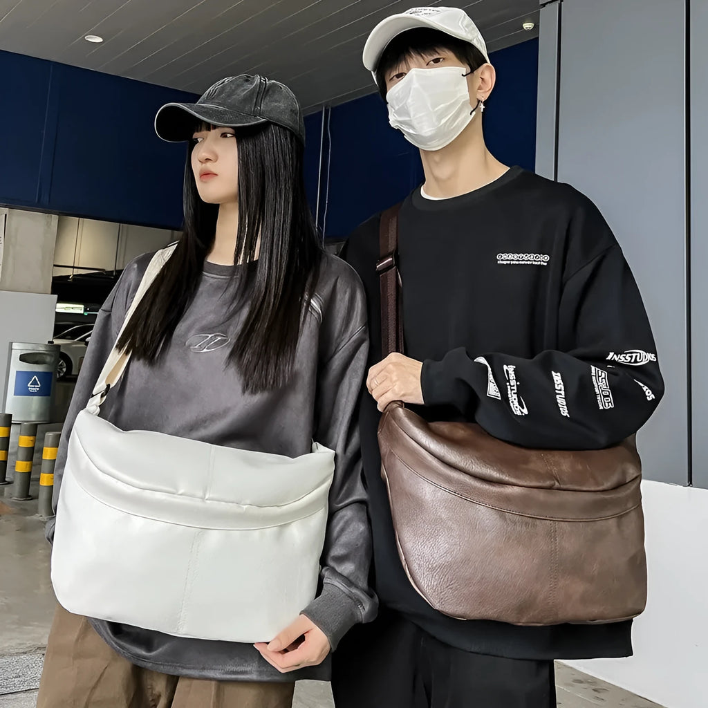 Retro large capacity men's crossbody bag in brown, black, and white PU leather with waterproof feature