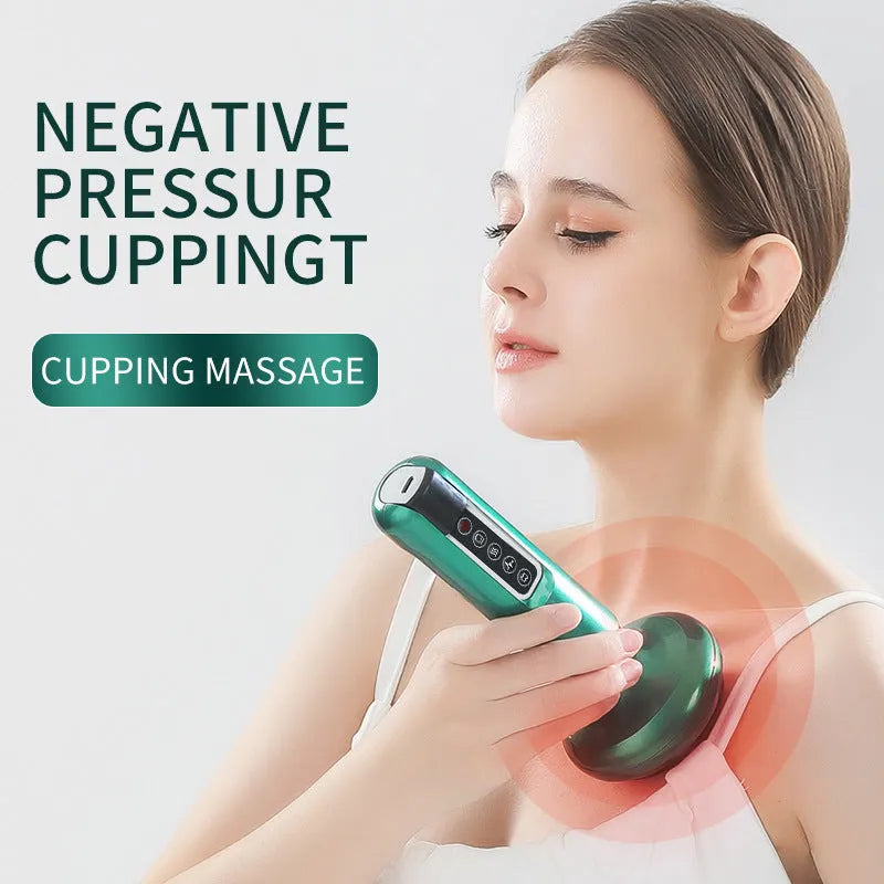 Green electric vacuum cupping massager with USB charger and instruction manual