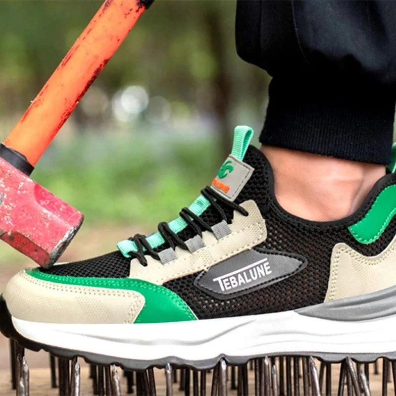 Low-top lightweight safety shoes with plastic steel toe, black green colour, mesh upper, and TPU sole