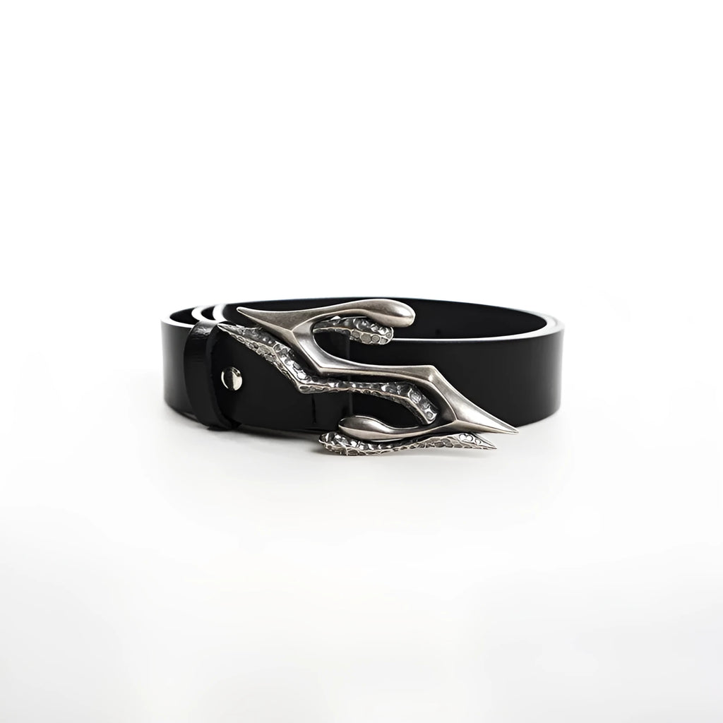 Black men's leather belt with a metal letter buckle, made from two-layer cowhide.