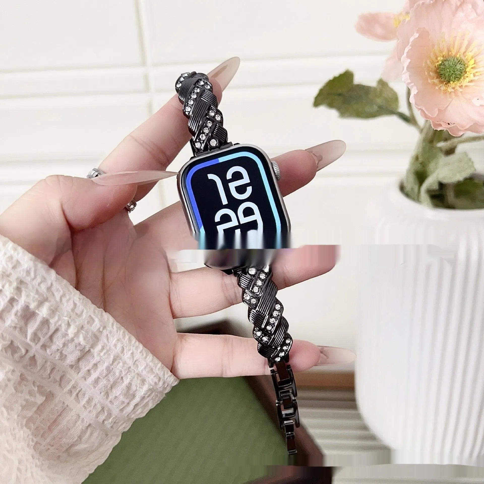 Zinc alloy twist diamond design smart watch strap in silver, rose gold, gold, black, and starlight colour options.