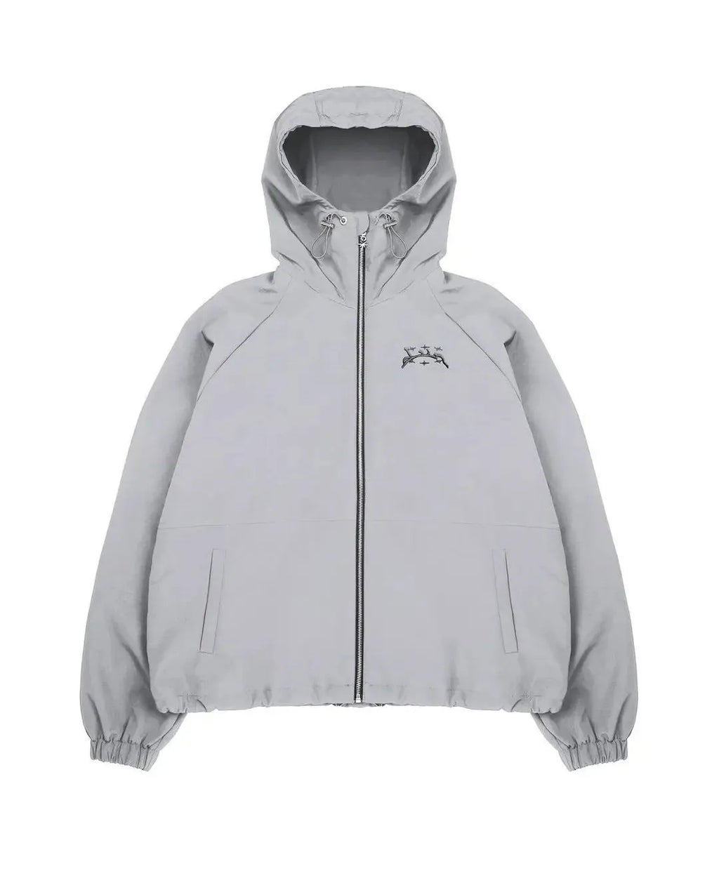 Men's loose hooded sunscreen jacket in grey polyester fabric showing British style tailoring