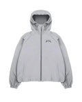 Men's loose hooded sunscreen jacket in grey polyester fabric showing British style tailoring