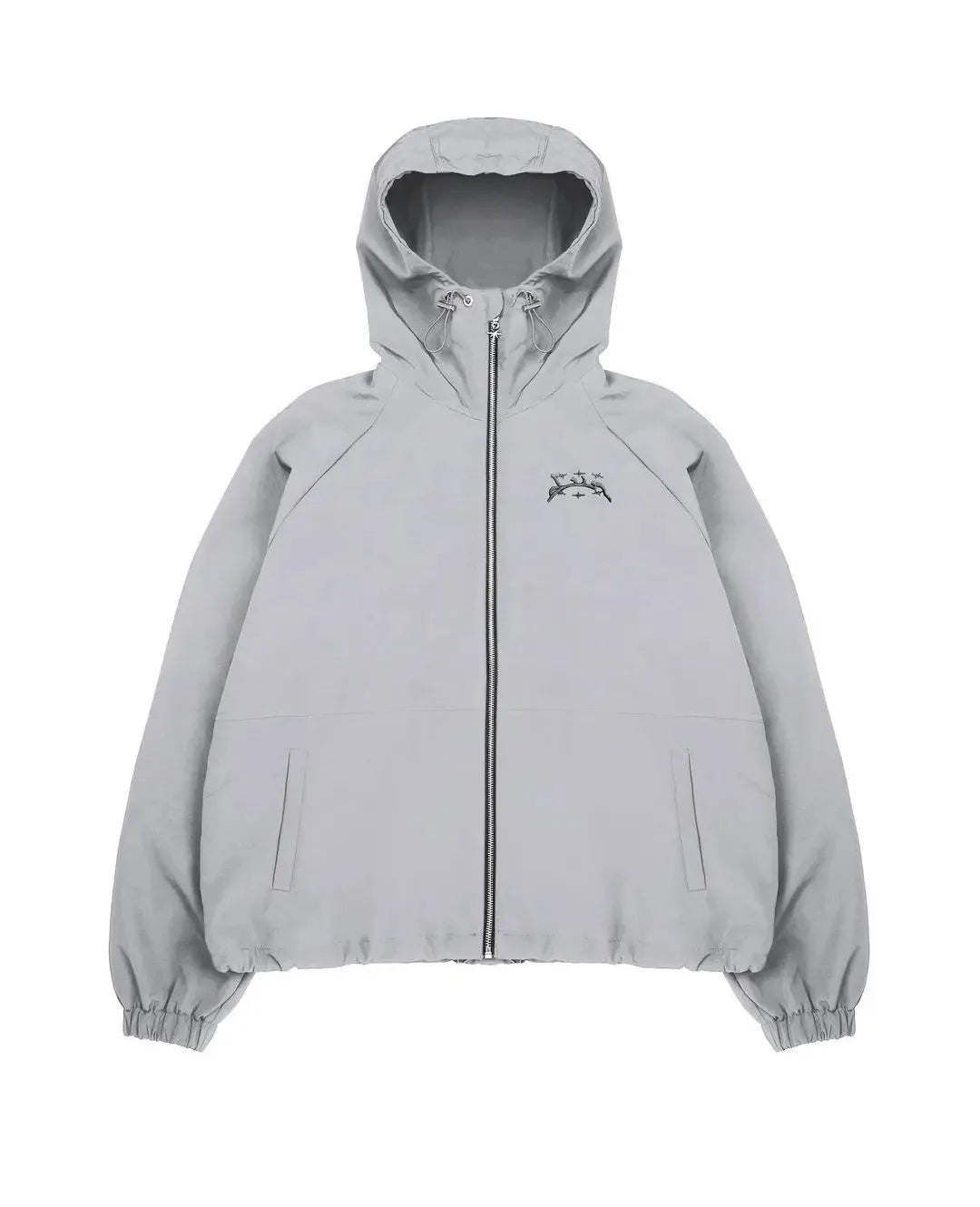 Men's loose hooded sunscreen jacket in grey polyester fabric showing British style tailoring