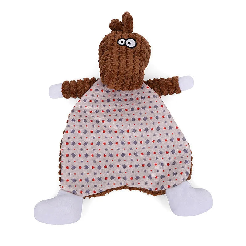 Brown velvet stuffed fox elephant pet toy with squeaky paper sound maker for cats and dogs.