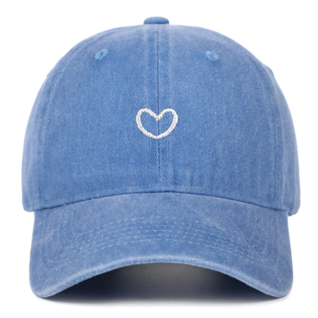 Cotton baseball cap with retro small love embroidery in an adjustable dome crown style.