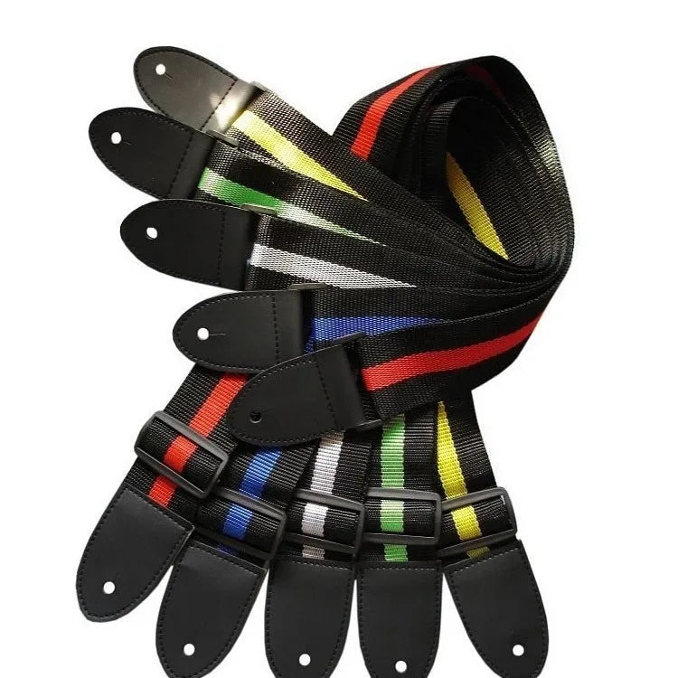 Adjustable woven guitar strap showing length adjustment and five colour options