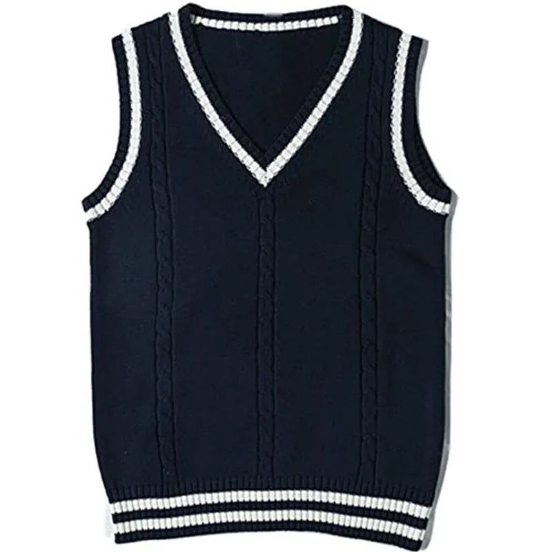 Women's slim fit V-neck knitted sweater with striped stitching and waistcoat styling
