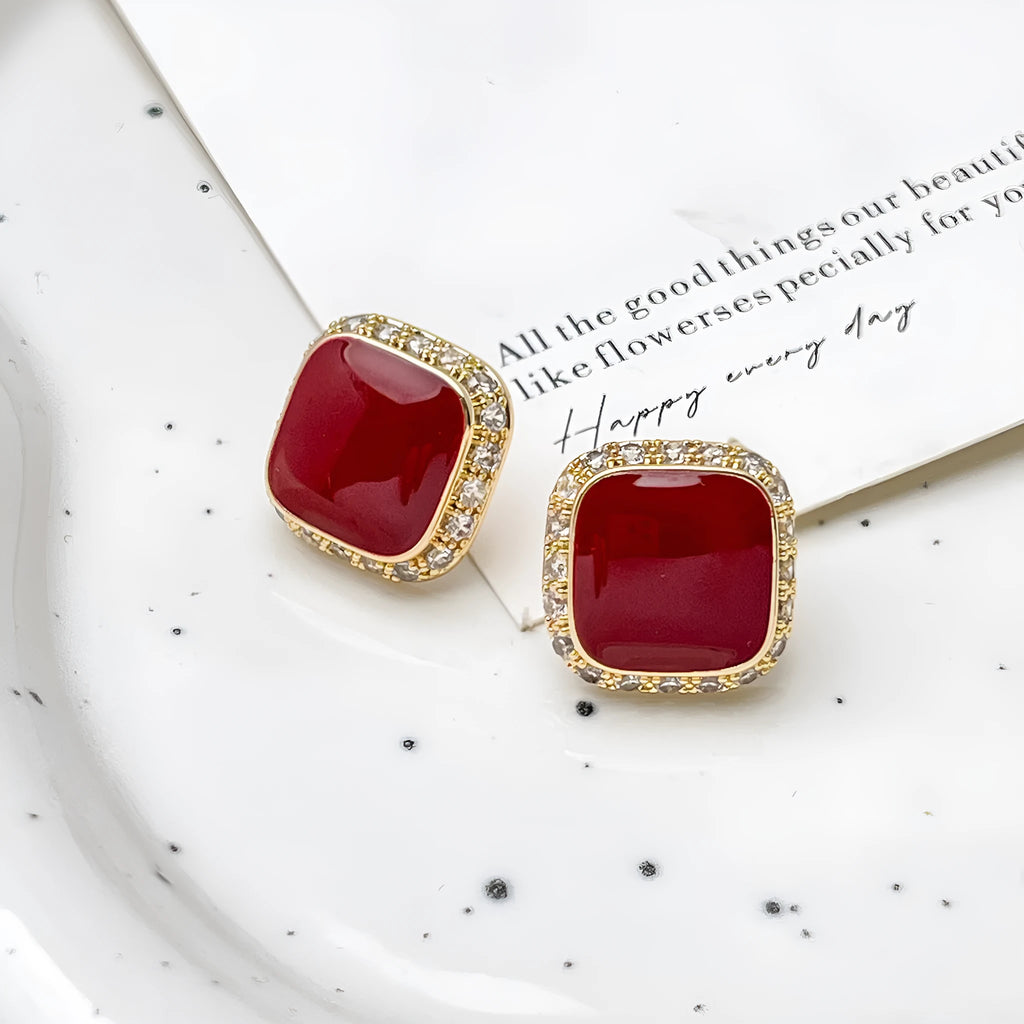 Red geometric square earrings with inlaid design, alloy construction with seiko treatment