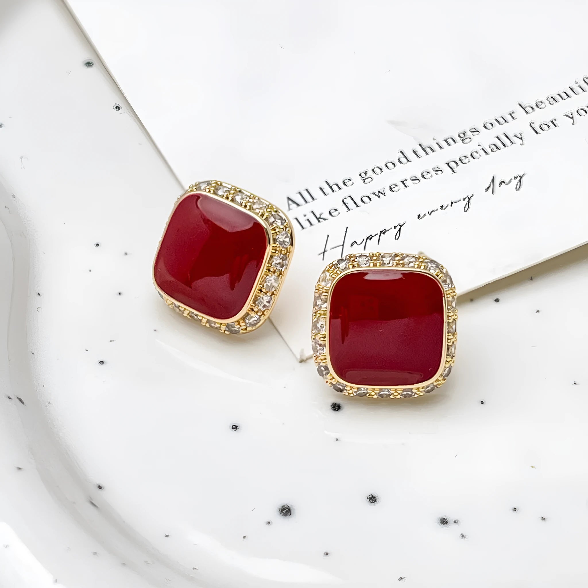 Red geometric square earrings with inlaid design, alloy construction with seiko treatment