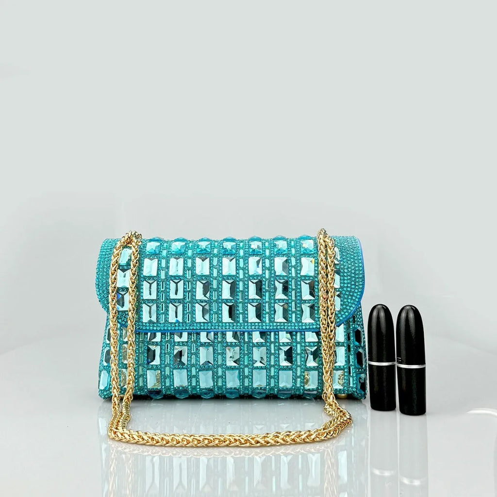 Shiny glass rhinestone diamond chain clutch handbag in horizontal square shape with chain strap, available in multiple colours