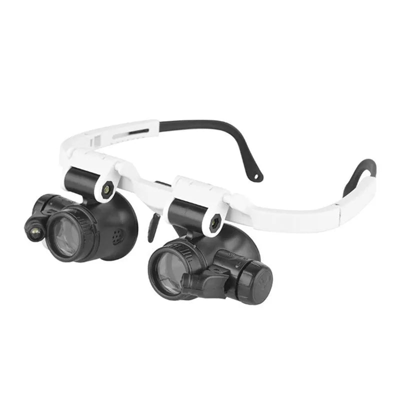 White head-mounted magnifying glass with LED light, shown folded and unfolded, for watch and circuit board repair.