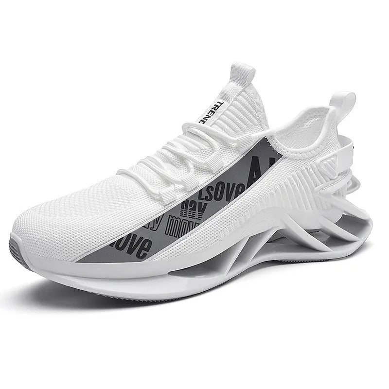 Fashion casual exercise fly woven mesh men's shoes in black, side view, breathable solid colour design