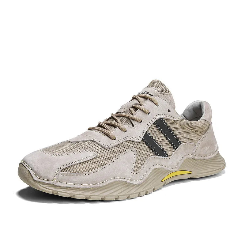 Men's low-top lace-up hiking boots with pigskin upper and platform sole, sand colour