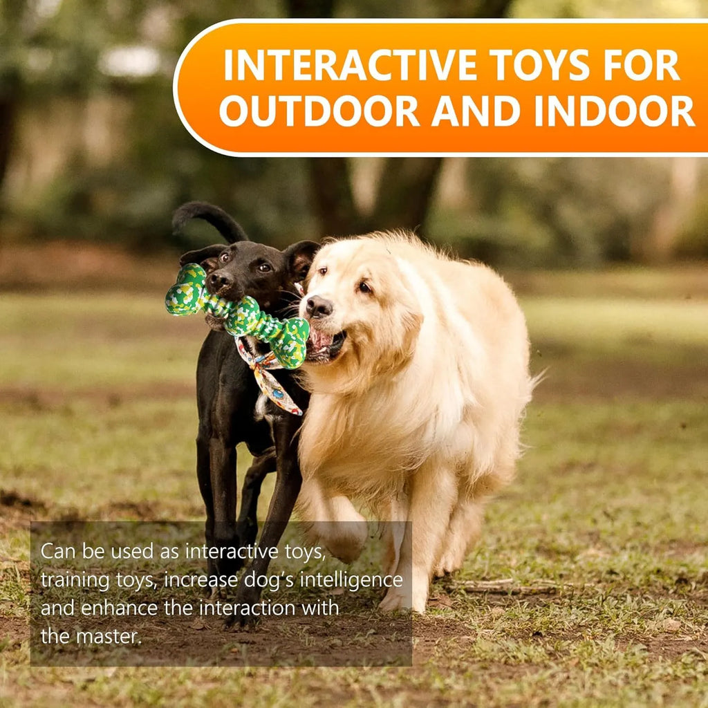 Natural rubber dog bone chew toy with camouflage pattern for medium and large breed dogs.