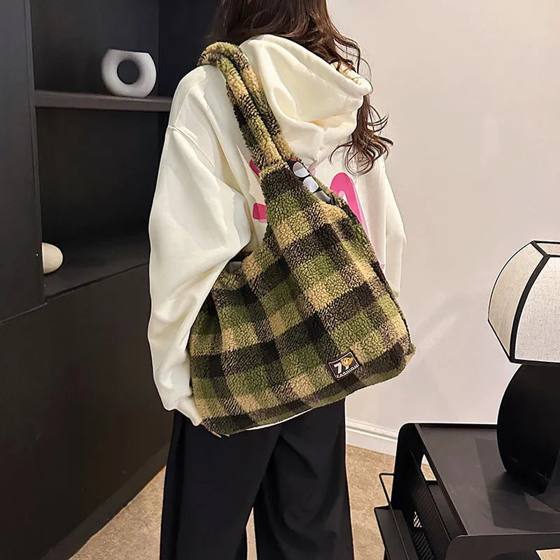 Women's plaid shoulder tote bag in army green with crossbody strap and large capacity dimensions