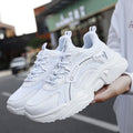 Women's white mesh casual sports shoes with thick PU sole and round toe