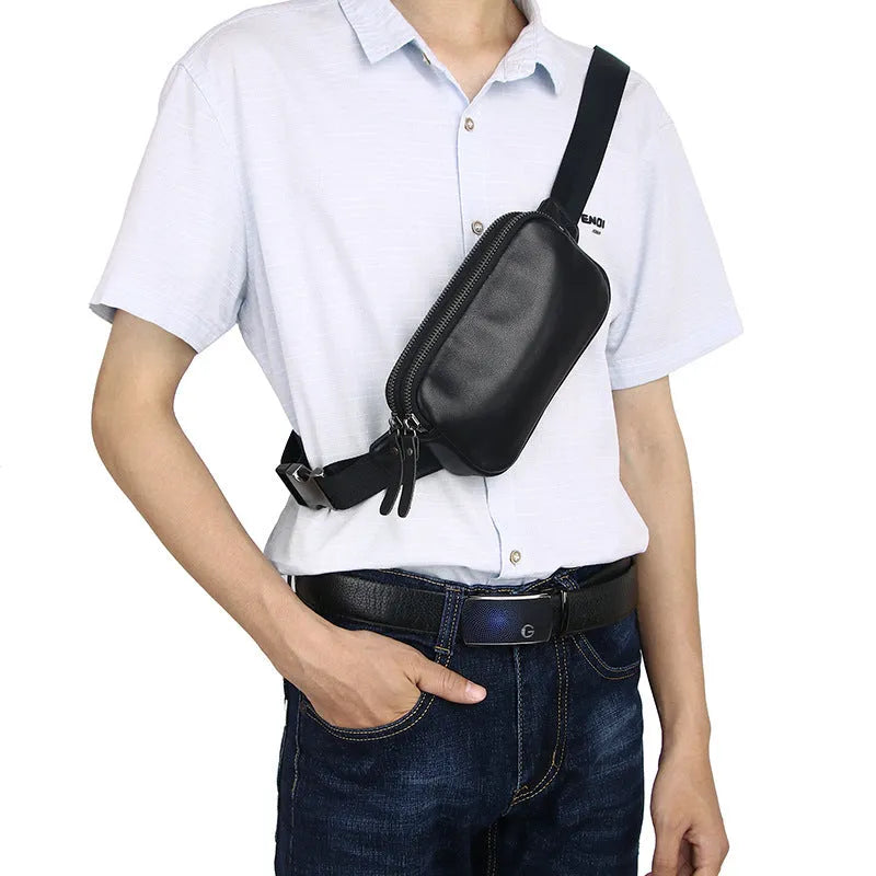 Men's small leather crossbody bag in brown, ultra-light cowhide with nylon lining, compact size for daily use