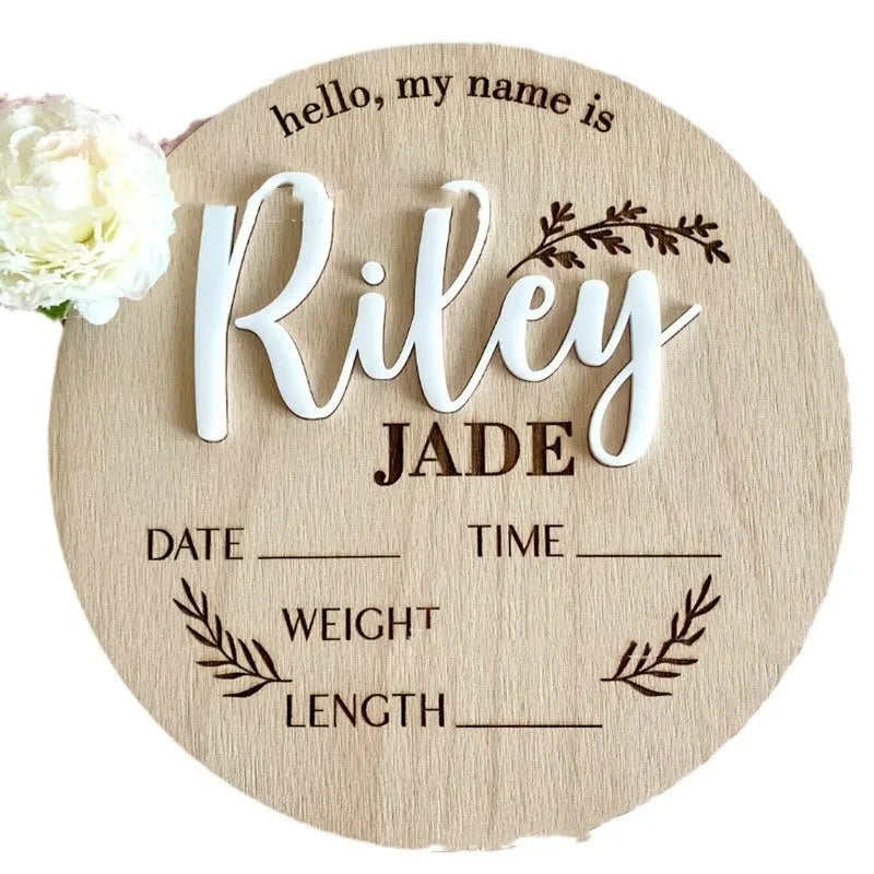 15cm square plywood newborn birth information plaque showing three style options for name and details display