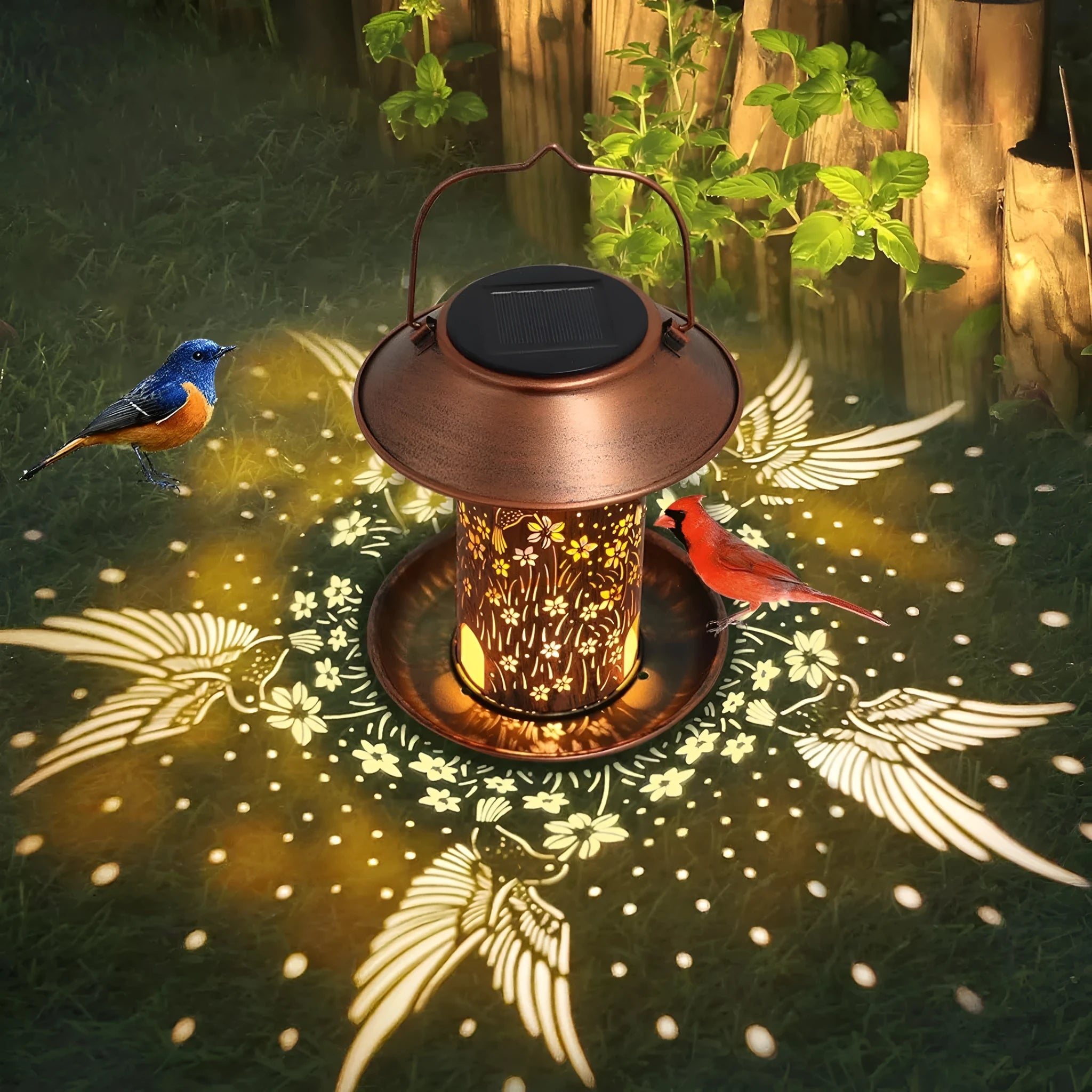Hummingbird pattern solar lamp bird feeder with iron art construction for outdoor gardens