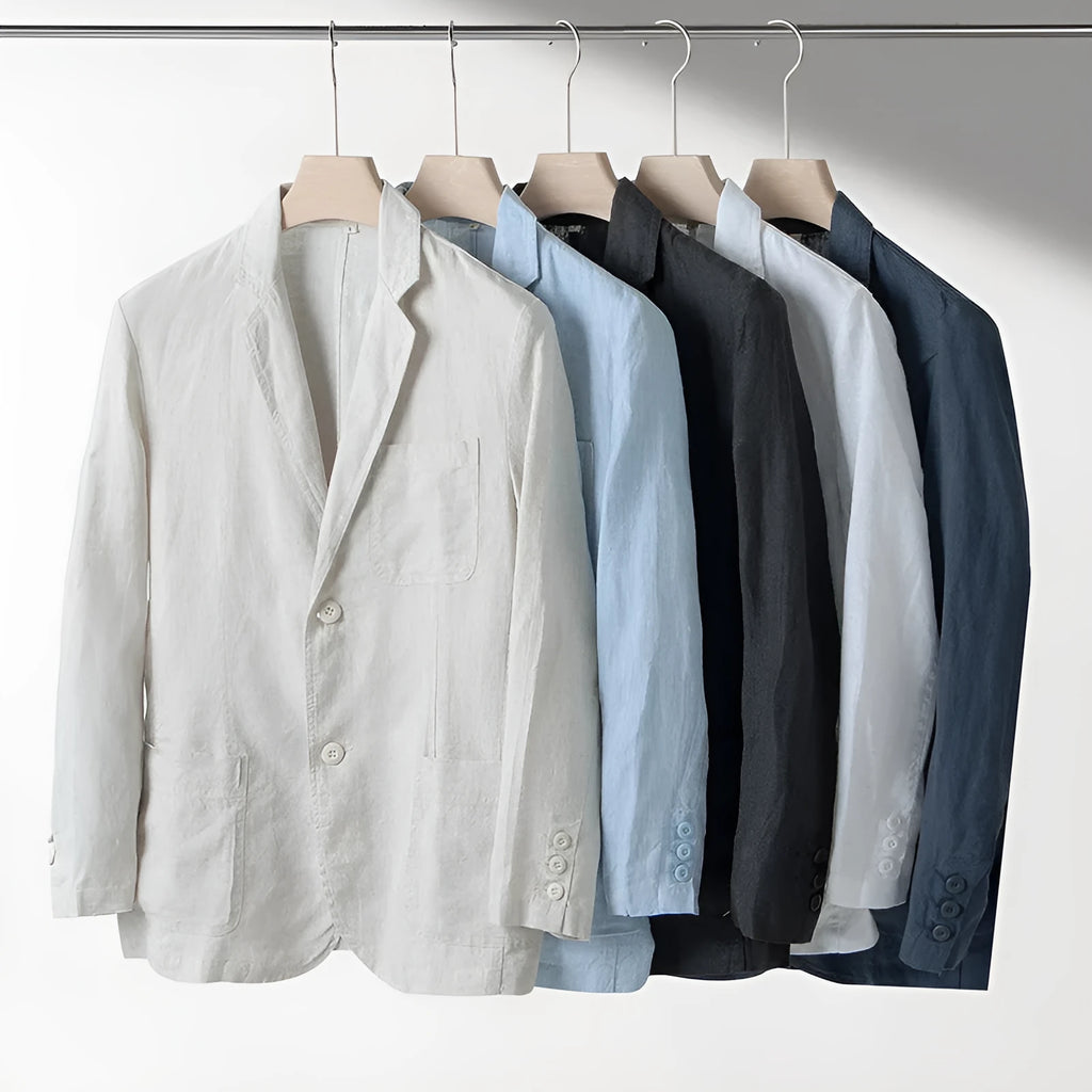 Men's casual linen suit jacket in loose fit with long sleeves, shown in solid colour options